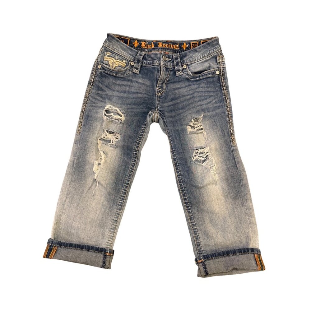 Rock Revival Vivian Distressed Crop Jeans Womens 26 Mid-Rise Embroidered Pockets